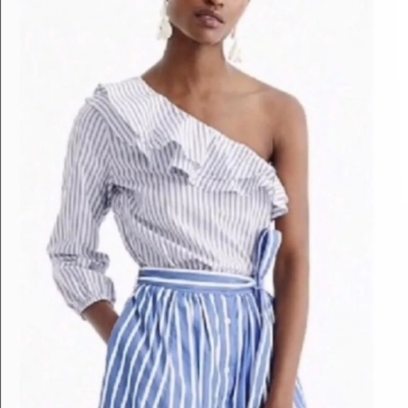 J CREW Womam's Top Size Large One Shoulder Ruffle Pinstripe - Picture 1 of 6